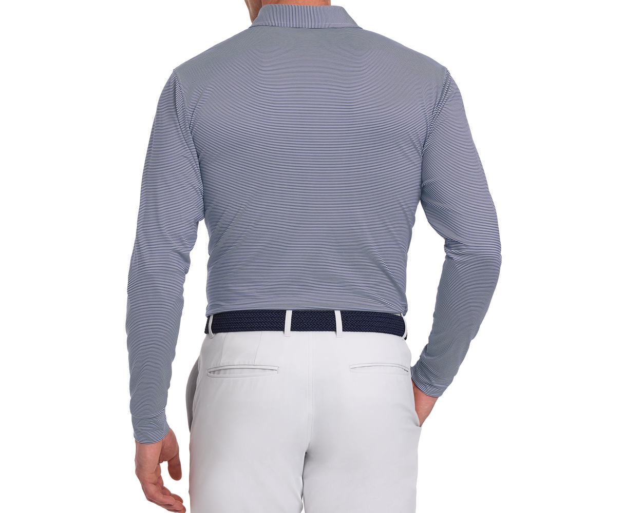 Model wearing The Burke Shirt: Navy & White, featuring fine stripes, UPF 50+ protection, with light trousers and navy belt, seen from the back.