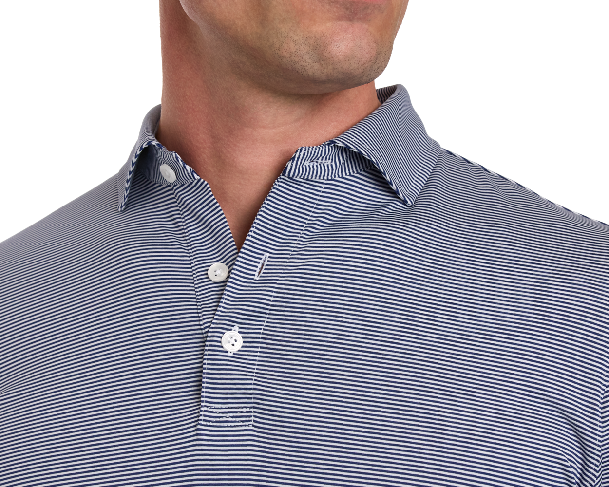 The Burke Shirt: Navy & White, slim-fit, long-sleeved polo with fine stripes, UPF 50+ protection, moisture-wicking, lightweight fabric, classic collar, two-button placket fastened.