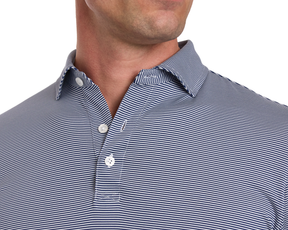 The Burke Shirt: Navy & White, slim-fit, long-sleeved polo with fine stripes, UPF 50+ protection, moisture-wicking, lightweight fabric, classic collar, two-button placket fastened.