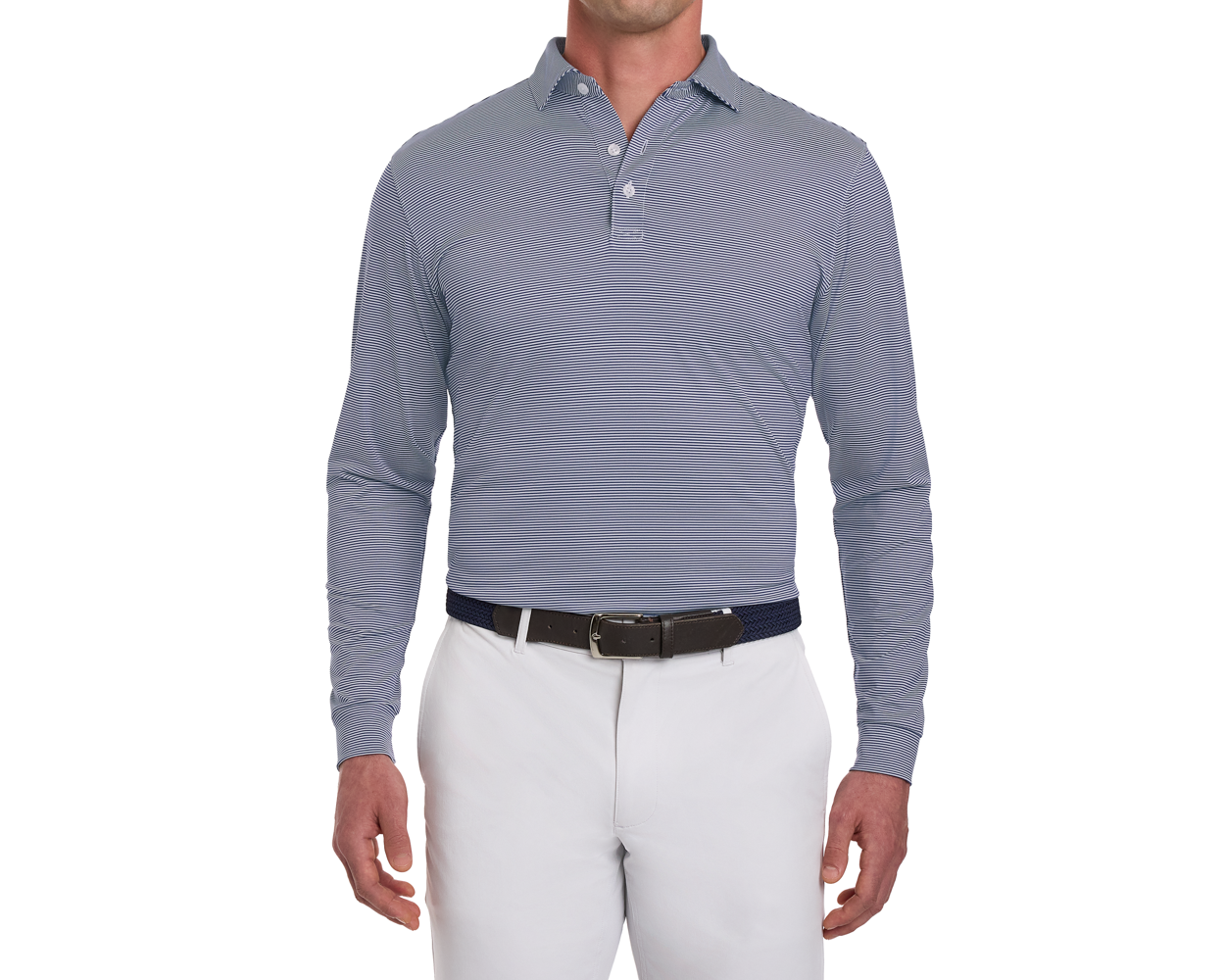 The Burke Shirt: Navy & White, featuring long sleeves, fine stripes, navy woven belt, and structured spread collar, offers UPF 50+ protection and moisture-wicking comfort.