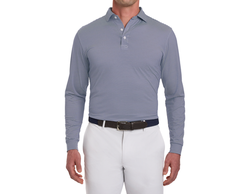 The Burke Shirt: Navy & White, featuring long sleeves, fine stripes, navy woven belt, and structured spread collar, offers UPF 50+ protection and moisture-wicking comfort.