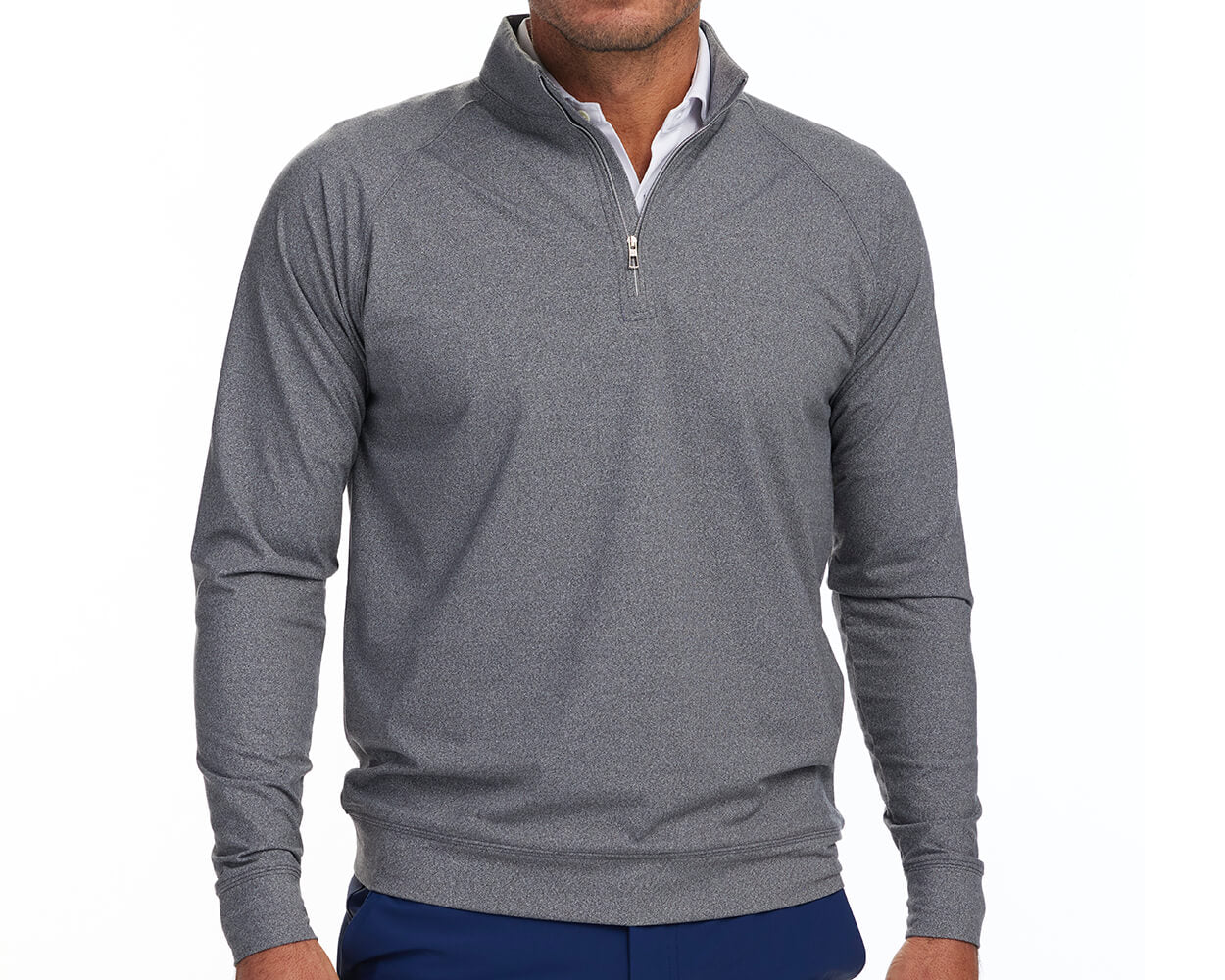 Front shot of Holderness and Bourne charcoal man quarter zip modeled on man's torso.