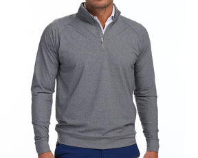 Front shot of Holderness and Bourne charcoal man quarter zip modeled on man's torso.