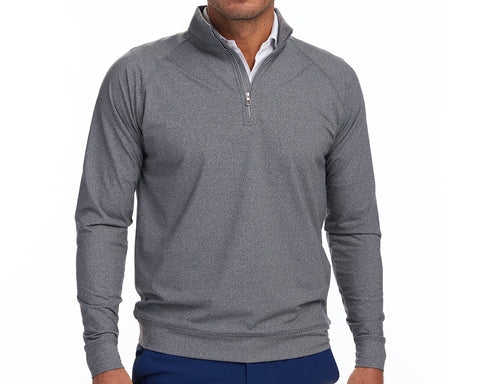 Front shot of Holderness and Bourne charcoal man quarter zip modeled on man's torso.