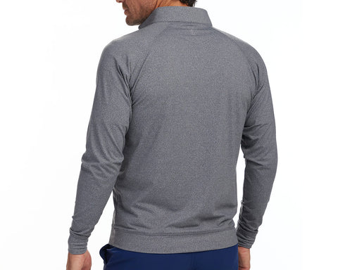 Back shot of Holderness and Bourne dark gray quarter zip modeled on man's torso.