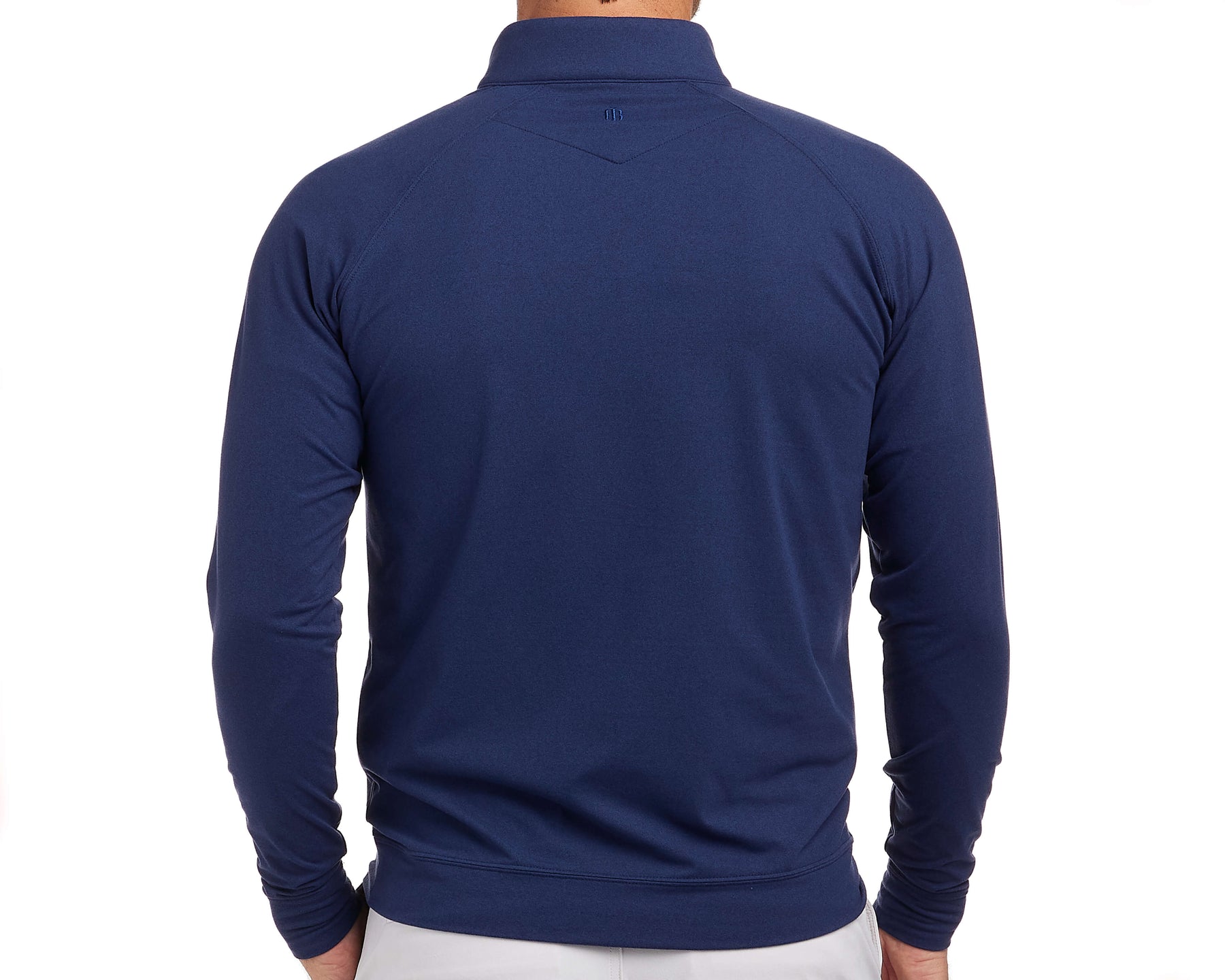Rear view of The Westland Quarter-Zip: Navy, highlighting its long sleeves and technical fabric, ideal for versatile, moisture-wicking performance.