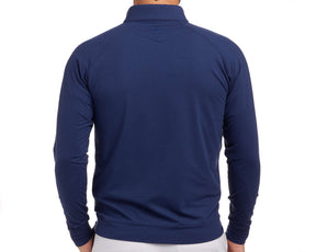 Rear view of The Westland Quarter-Zip: Navy, highlighting its long sleeves and technical fabric, ideal for versatile, moisture-wicking performance.