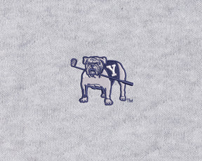 Yale Golf Course Ward Sweater in heathered gray, featuring a knit-look fabric with an embroidered Yale Bulldog mascot in a Y varsity sweater holding a lacrosse stick.