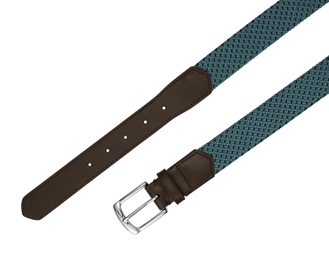The Fischer Belt: Dark Harbor & Navy Basketweave features a teal-and-dark woven pattern, dark brown leather tips, and a silver-tone buckle.