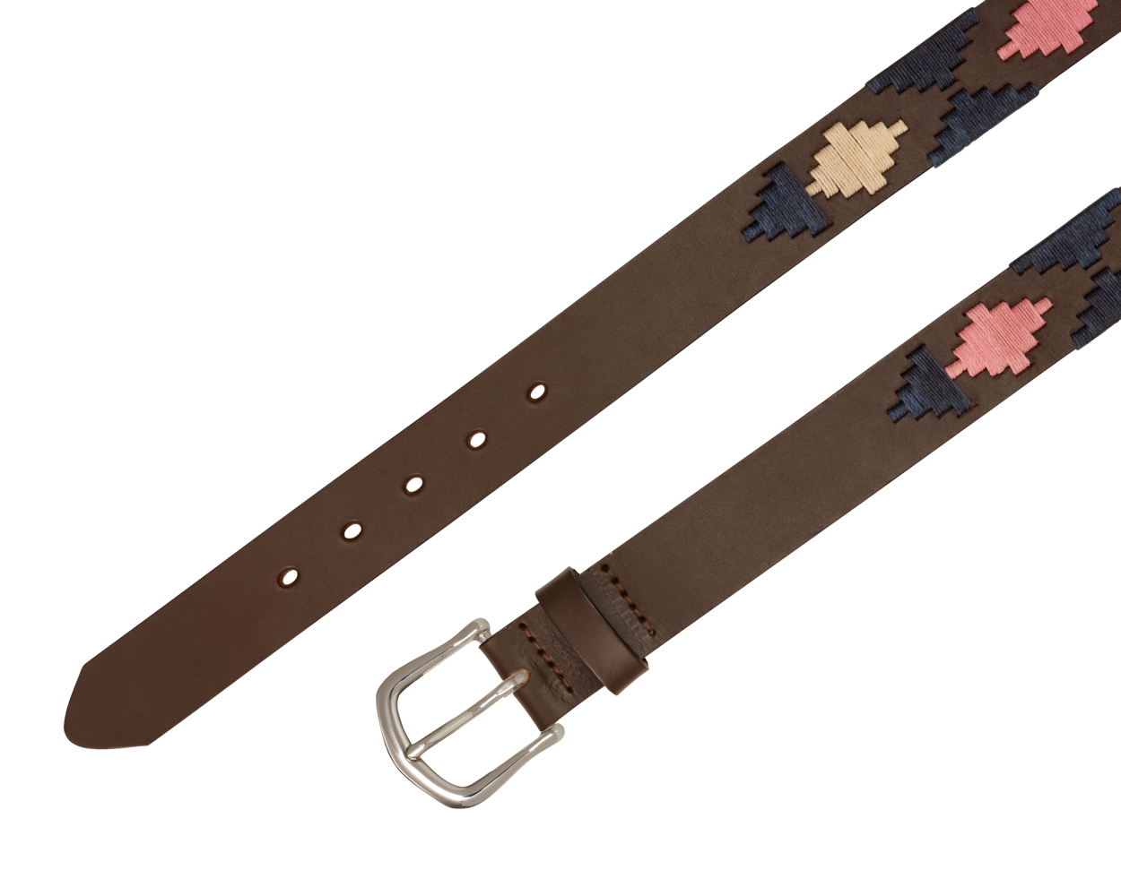 The Barker Belt: Brown/Belmont/Dune/Navy, featuring a silver-tone buckle and colorful geometric embroidery on premium brown leather, showcasing Argentinean-inspired patterns.