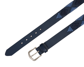 The Barker Belt: Navy & Slate, featuring a dark-blue leather strap with geometric embroidery and a silver-tone buckle, exemplifies Argentinean craftsmanship and style.
