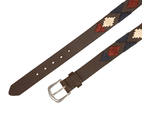 The Barker Belt: Brown/Navy/Claret/Stone showcases a polished silver buckle, geometric embroidery, and premium leather, embodying Argentinean-inspired craftsmanship and style.