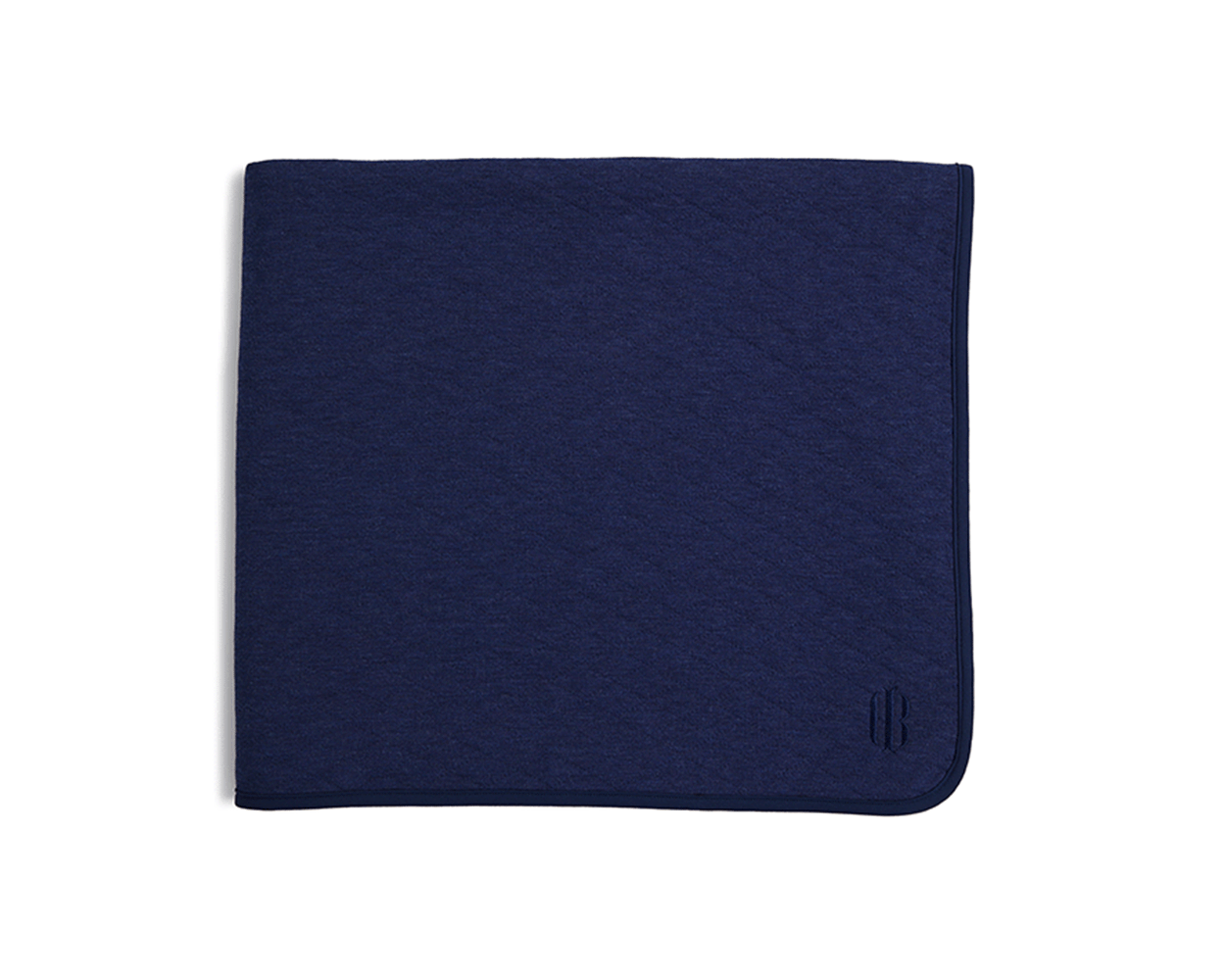 The Van Pelt Blanket: Heathered Navy; a folded, navy blanket with a piped border and tonal embroidered logo, ideal for cozy evenings.