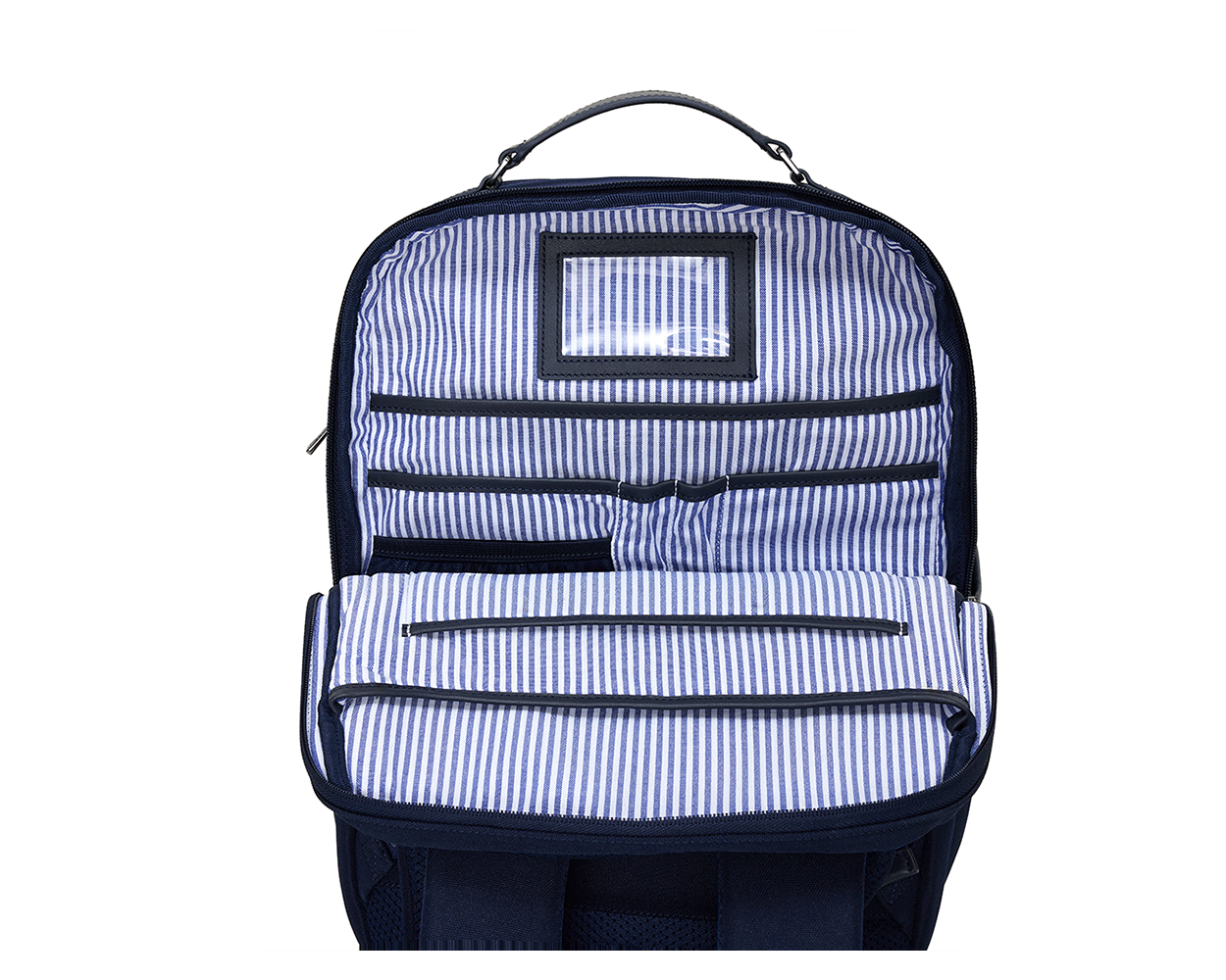 The Broughton Backpack: Navy Ballistic - Navy Embroidery, showing interior organization with pinstripe lining, ID window, zippered pockets, pen slots, and main compartment.