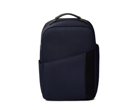 The Broughton Backpack: Navy Ballistic - Navy Embroidery, features a sleek design with a main compartment, slanted front pocket, and side pocket, ideal for travel.
