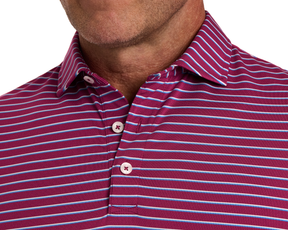 The Springer Shirt: Cabernet/White/Horizon Blue, featuring a collared polo design with horizontal stripes, three-button placket, showcasing breathable AIRATION® fabric with performance enhancements.