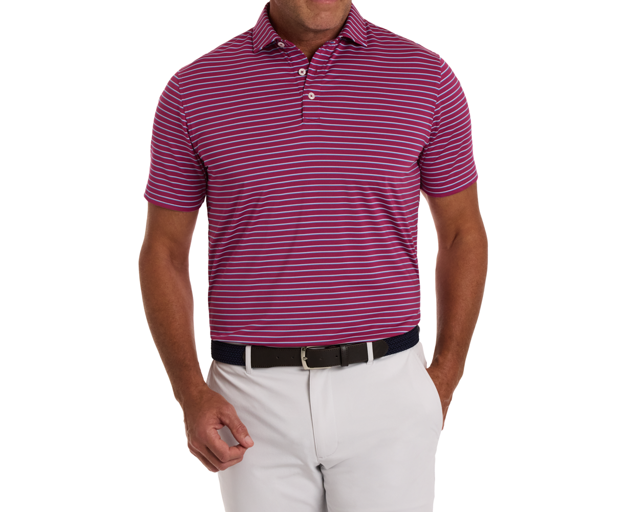 The Springer Shirt: Cabernet/White/Horizon Blue, features thin stripes and a spread collar, tucked into light trousers, showcasing its breathable AIRATION® fabric.