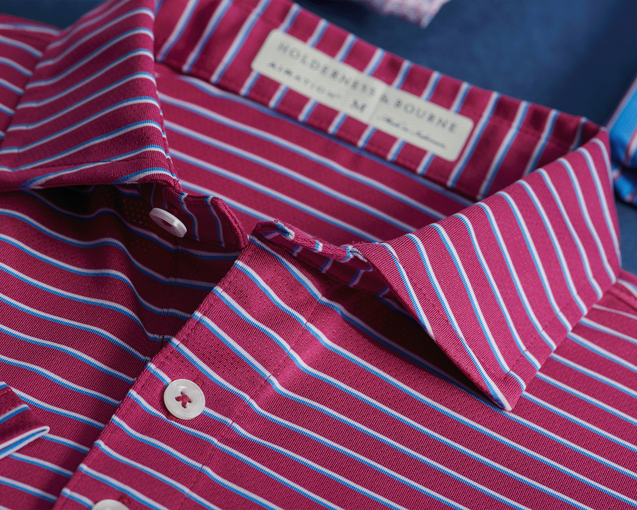 The Springer Shirt: Cabernet/White/Horizon Blue, featuring a collared, button-front design with narrow stripes, woven label “Holderness & Bourne,” and breathable AIRATION® fabric.