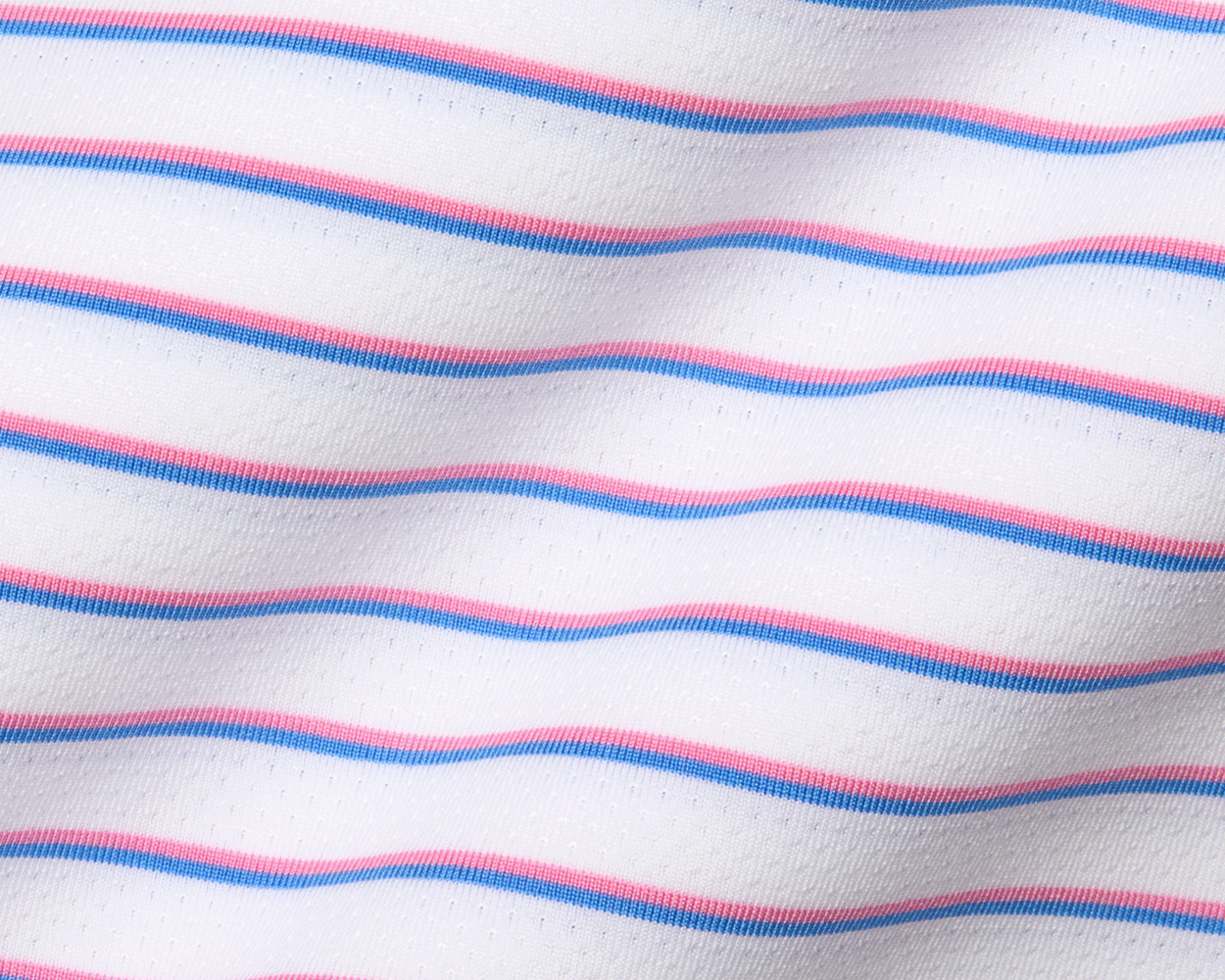 The Springer Shirt: White/Belmont/Horizon Blue features soft, striped fabric with pink and blue lines, showcasing breathable AIRATION® knit with structured collar and performance features.