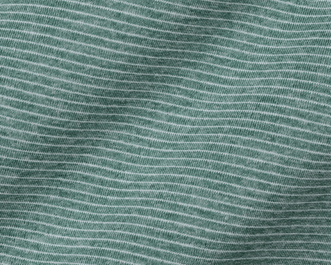 Close-up of The Holland Shirt: Heathered California Spruce showing the thin white repeat stripe on the heathered, lightweight jersey-knit fabric.