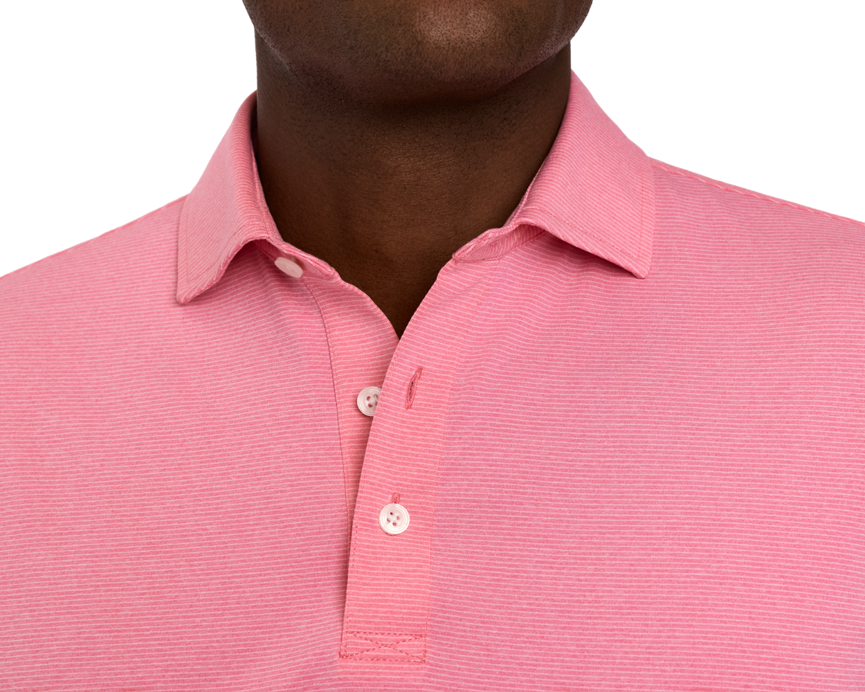 The Holland Shirt: Heathered Belmont, showcasing a heathered stripe design, features a comfortable, lightweight jersey-knit with a structured spread collar and two-button placket.