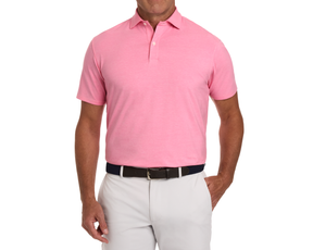 The Hatcher Shirt: Belmont & White, showcased in light-pink, short-sleeve style, tucked into beige trousers, features a dark woven belt, highlighting its elegance and comfort.