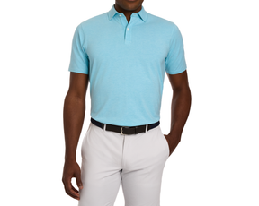 Person wearing The Hatcher Shirt: Harbor & White, a light-blue polo with a black belt, highlighting its structured collar and streamlined fit.