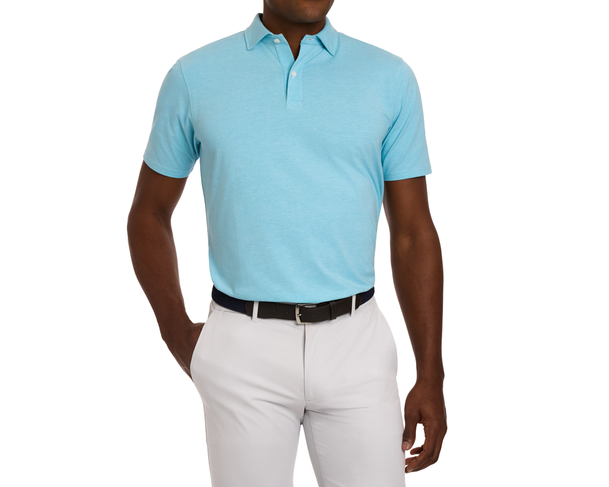 Man wearing The Hatcher Shirt: Harbor & White, a light blue polo with a structured collar, tucked into light gray pants, showcasing a dark woven belt.