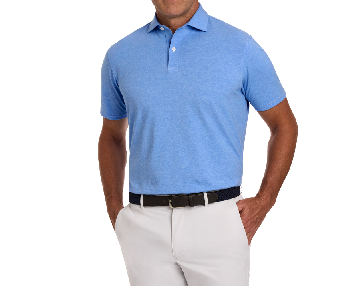 Man wearing The Hatcher Shirt in Horizon Blue & White, a light-blue polo with short sleeves, tucked into khaki trousers with a dark woven belt.