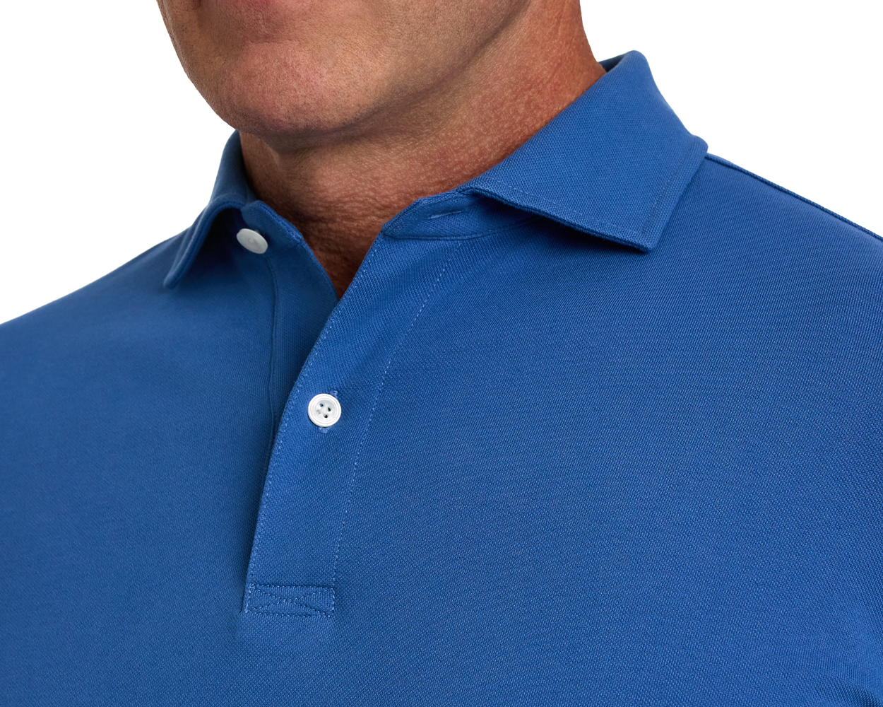 The Neville Shirt: Maidstone Blue, featuring a soft Peruvian Pima cotton blend and two-button placket, shown on a model's neck and chest.