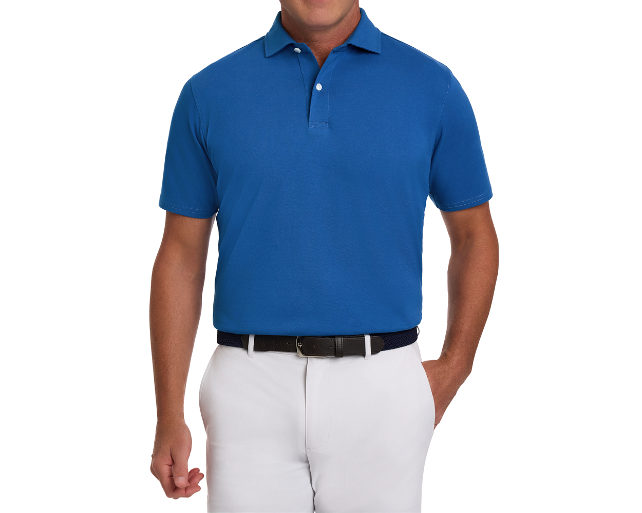The Neville Shirt: Maidstone Blue, a short-sleeve polo in soft Peruvian Pima cotton blend, shown tucked into white pants with a dark belt.