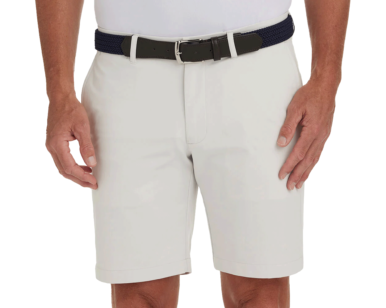 The Harwood Short: Stone, featuring a non-slip waistband and ball-marker pocket, worn with a dark navy belt, offers classic style and performance.