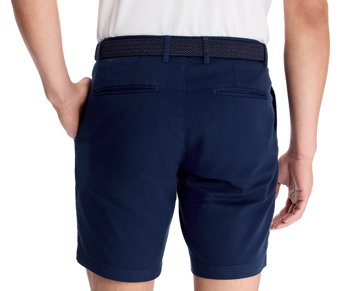 The Cameron Short: Navy, featuring a braided belt, garment-washed cotton/stretch twill fabric for comfort, with a 9 inseam, seen from the back.