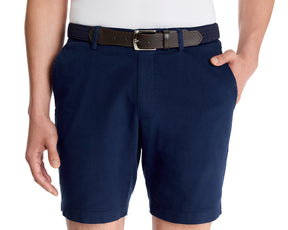 The Cameron Short: Navy features a woven leather belt, garment-washed cotton-blend fabric, and 9 inseam, offering comfort and subtle style.
