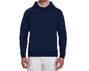 The Lawson Hoodie: Heathered Atlantic shown on a model, features a clean design with raglan sleeves, ribbed cuffs, over a white shirt and pants.
