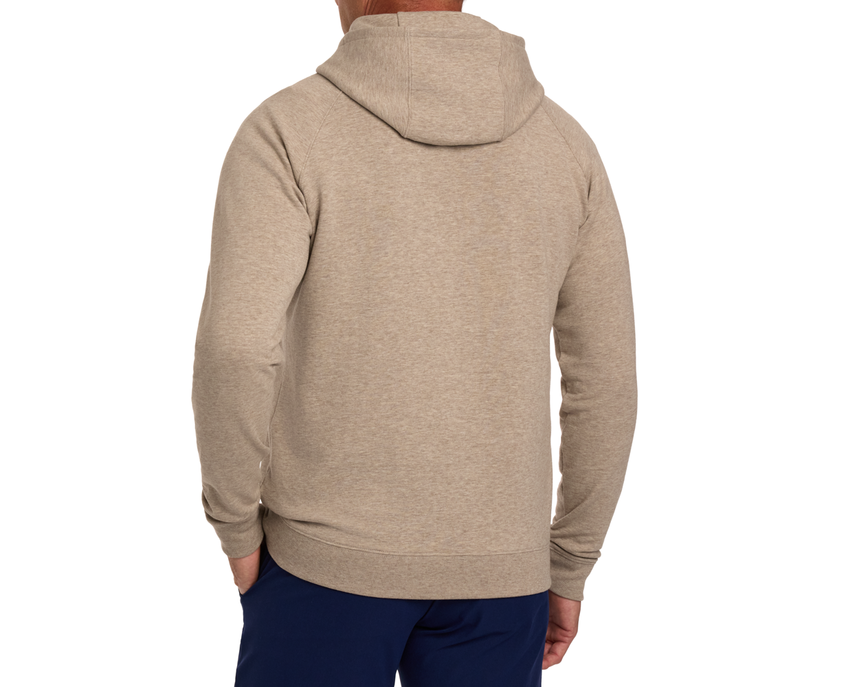 Back view of The Lawson Hoodie: Heathered Dune, showcasing its hooded design and pocketed front, worn with dark pants for a relaxed look.