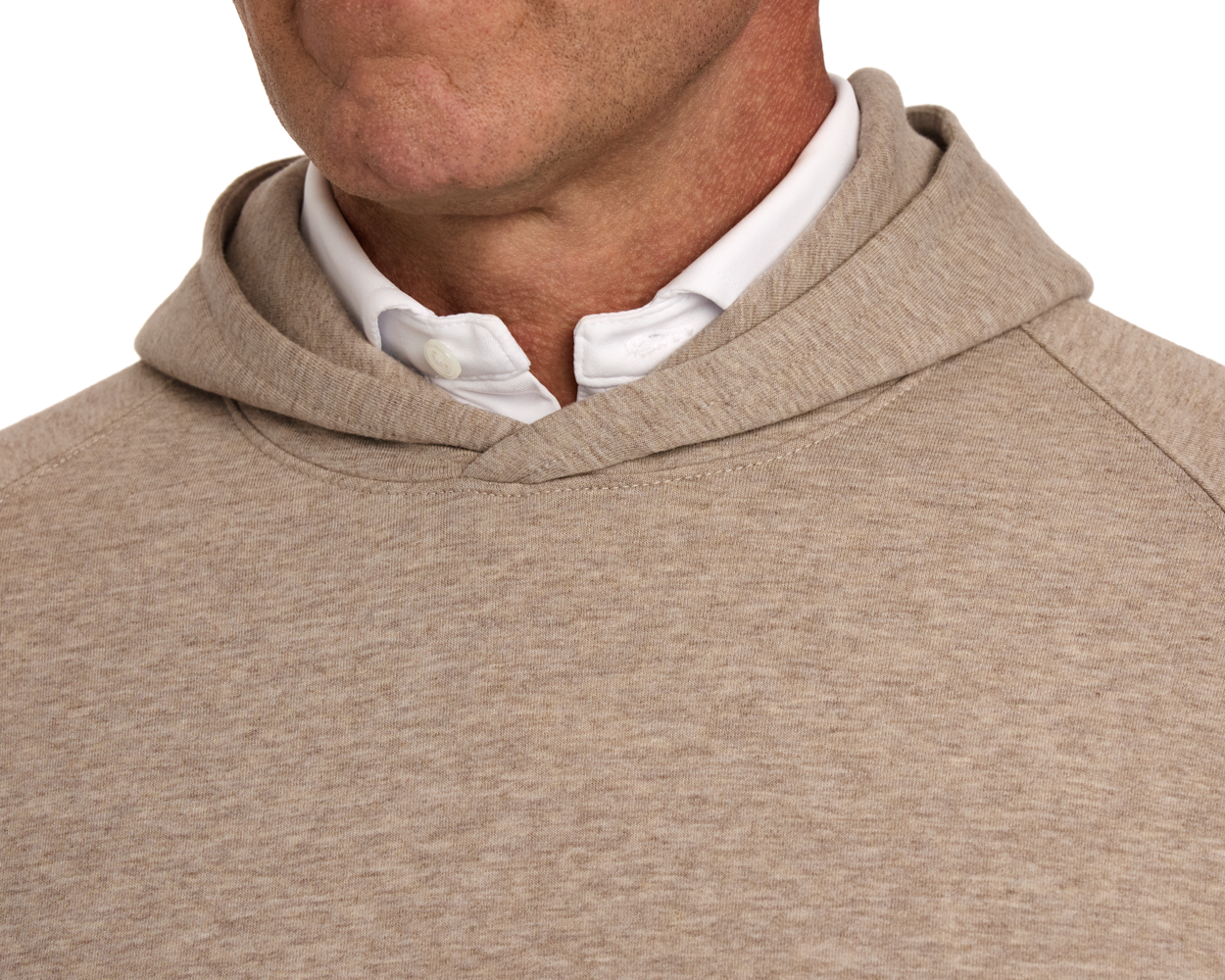 Close-up of a person wearing The Lawson Hoodie: Heathered Dune over a white shirt, showcasing its soft fabric and collar detail without drawstrings.
