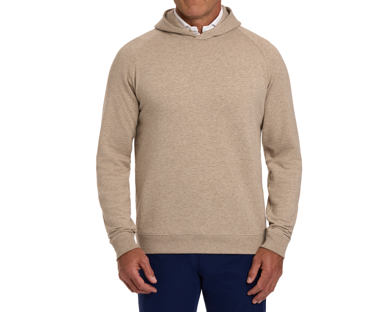The Lawson Hoodie: Heathered Dune, shown on a man with a white shirt and navy pants, features a soft, drawstring-free hood and a straight hem.