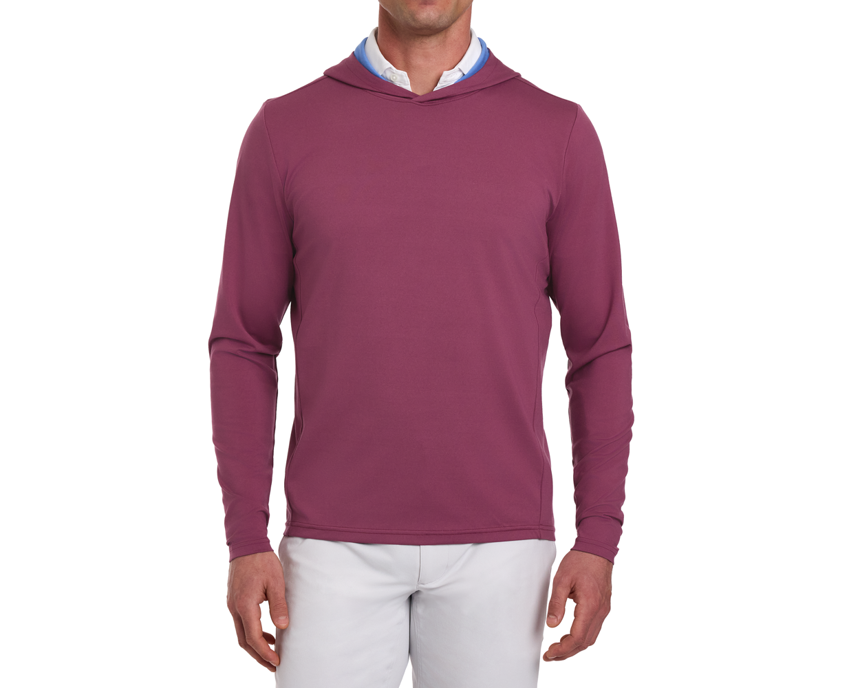 The Jackson Hoodie: Cabernet, shown on a male model, is a slim-fit, long-sleeve hoodie over a collared shirt, paired with light pants.