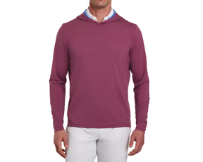 The Jackson Hoodie: Cabernet, shown on a male model, is a slim-fit, long-sleeve hoodie over a collared shirt, paired with light pants.