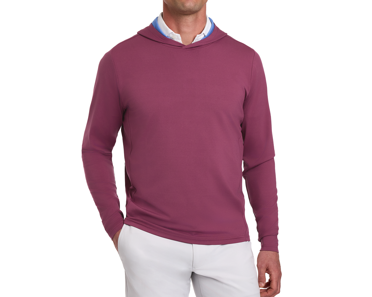 The Jackson Hoodie: Cabernet, a slim-fit, long-sleeve pullover worn over a button-down shirt, paired with light-gray trousers, emphasizing streamlined design.