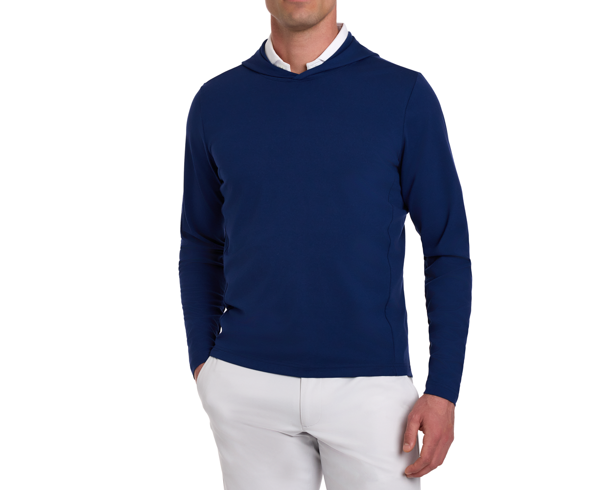 The Jackson Hoodie: Navy, a slim-fit, long-sleeve design over a collared shirt, highlights a minimalist, streamlined style ideal for golf.