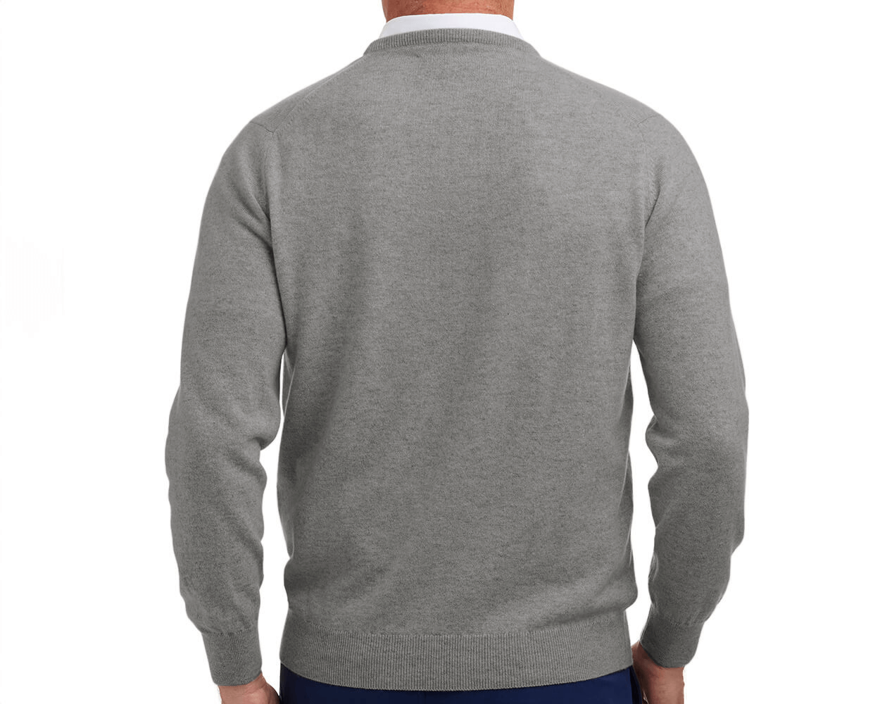 The Buckley Crewneck Sweater in Heathered Gray, showing a back view with light-gray cashmere, over a white collared shirt, highlighting classic crewneck style.