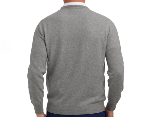 The Buckley Crewneck Sweater in Heathered Gray, showing a back view with light-gray cashmere, over a white collared shirt, highlighting classic crewneck style.