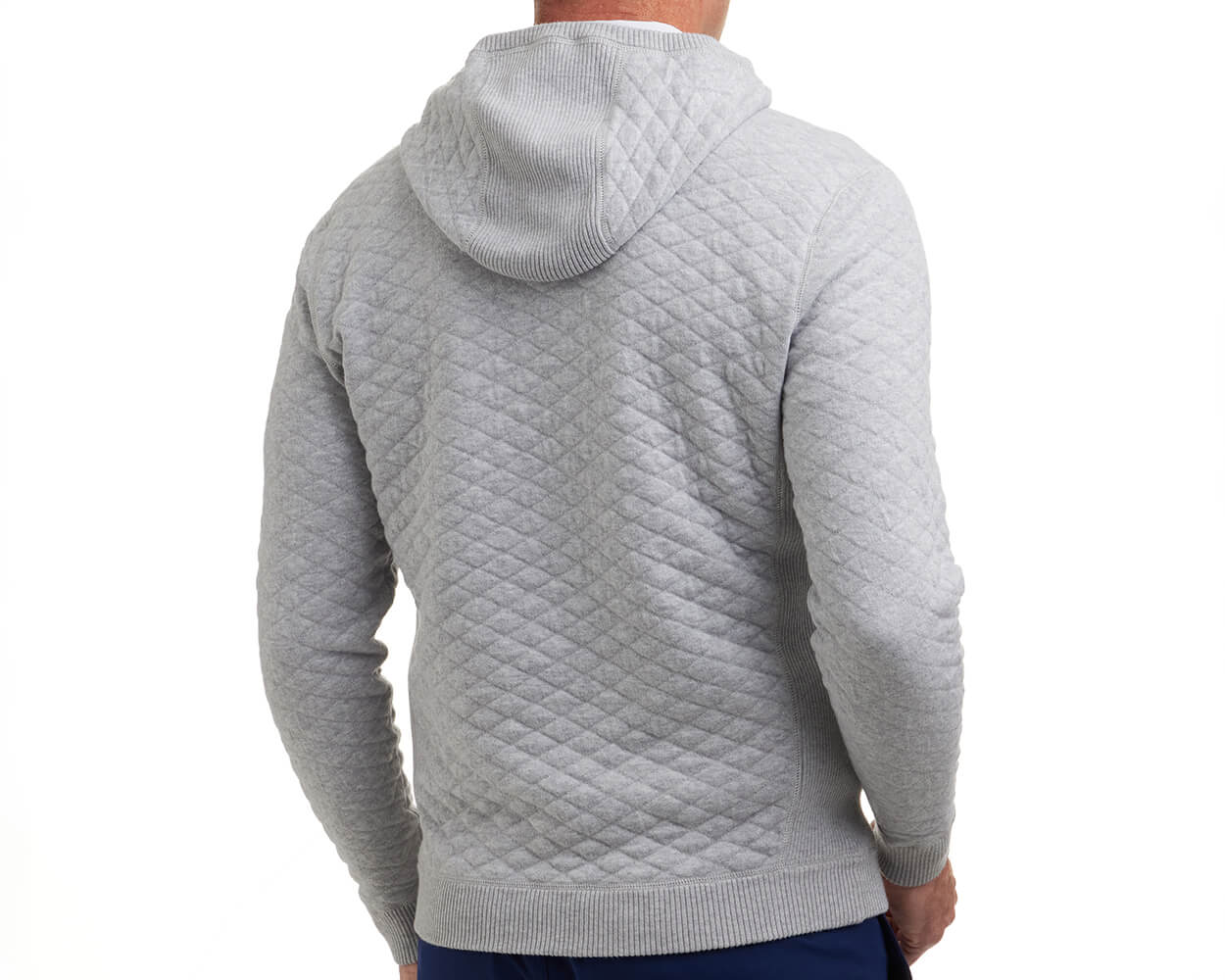 The Wallace Hoodie Sweater: Heathered Gray, features a quilted diamond-stitch pattern, ribbed cuffs and hem, and a flat hood, providing warmth and style.