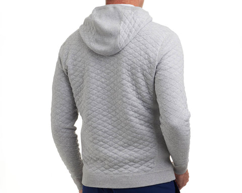 The Wallace Hoodie Sweater: Heathered Gray, features a quilted diamond-stitch pattern, ribbed cuffs and hem, and a flat hood, providing warmth and style.