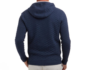 The Wallace Hoodie Sweater: Heathered Navy, featuring diamond-pattern stitching, ribbed hem, and cuffs in 100% Egyptian cotton, shown from the back with an attached hood.