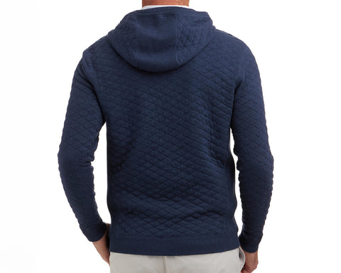 The Wallace Hoodie Sweater: Heathered Navy, featuring diamond-pattern stitching, ribbed hem, and cuffs in 100% Egyptian cotton, shown from the back with an attached hood.