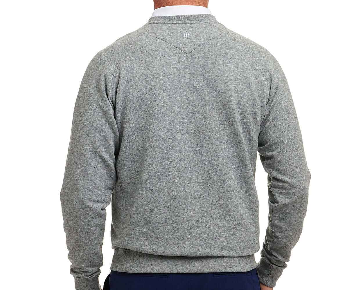 The Kennedy Crewneck in light heather-gray, featuring long sleeves and a plush terry interior, showcased from the back against a plain white background.