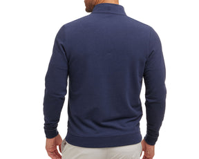 Back view of a man wearing The Harper Quarter-Zip: Heathered Atlantic, showcasing its ribbed cuffs and hem, highlighting the pullover's stylish design and comfortable fit.
